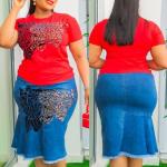 Casual Red Top and Denim Skirt